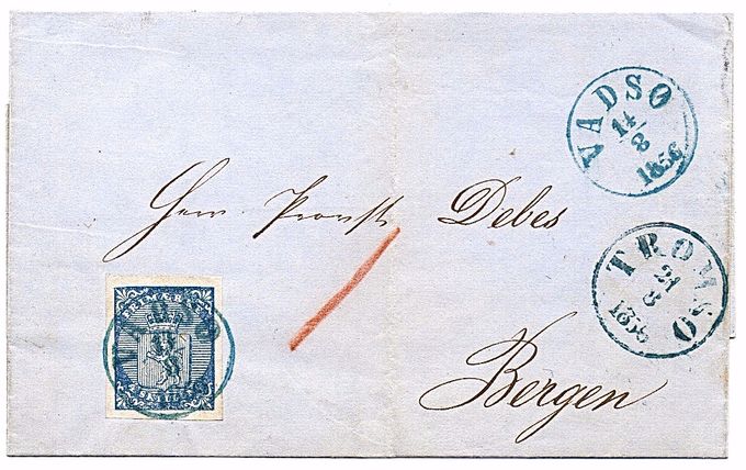 Betalt brev stemplet ”Vadsø 14/8 1856” (type 1) i blått, og korrekt sidestemplet med samme stempel etter reglementet. Brevet er sendt med D/S 